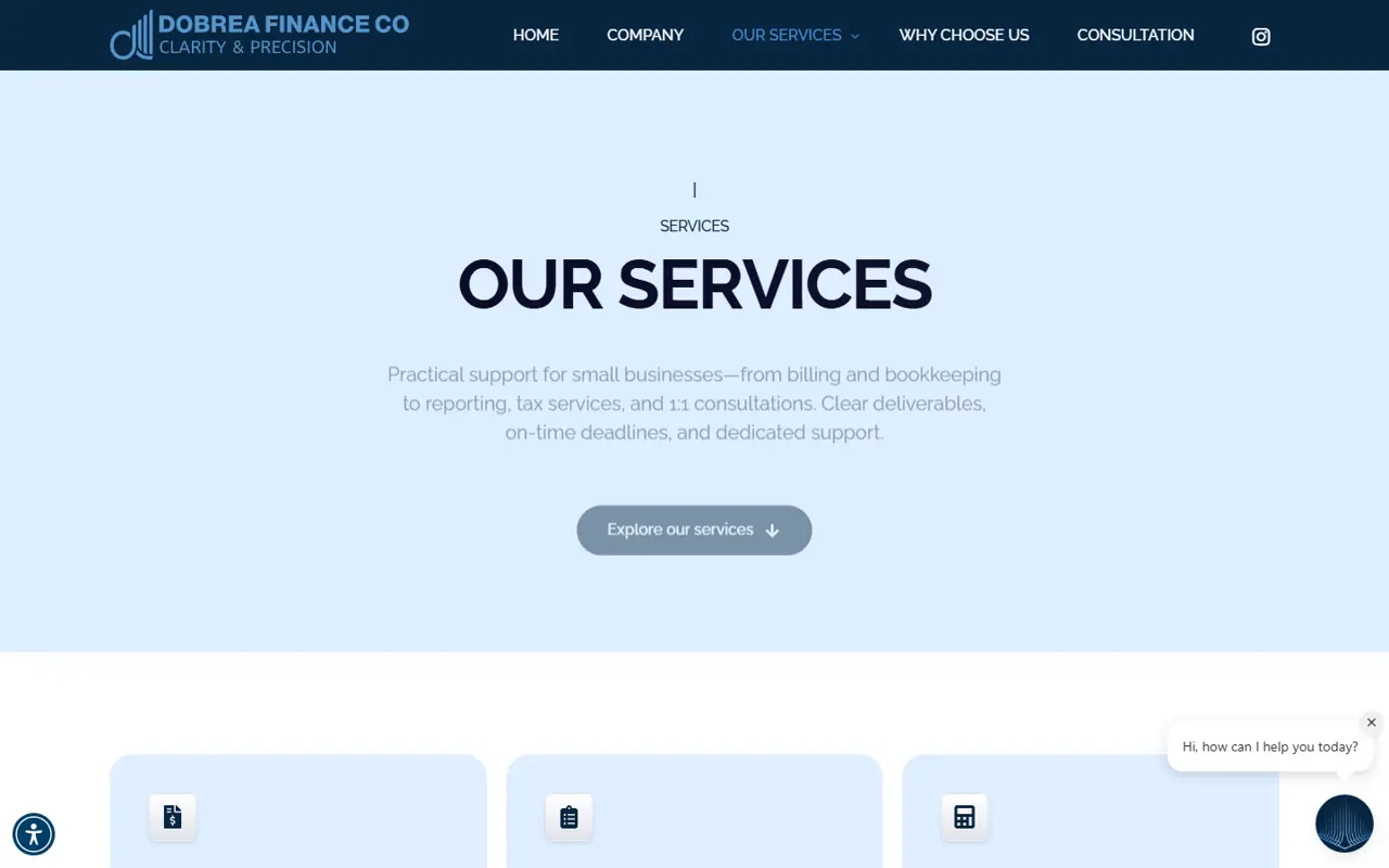 Pagina /services/ de pe site-ul Dobrea Finance