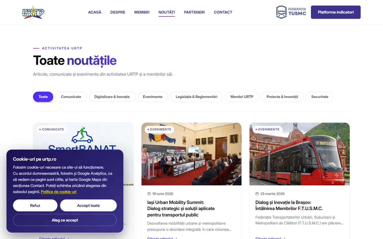 Pagina /noutati/ de pe site-ul URTP