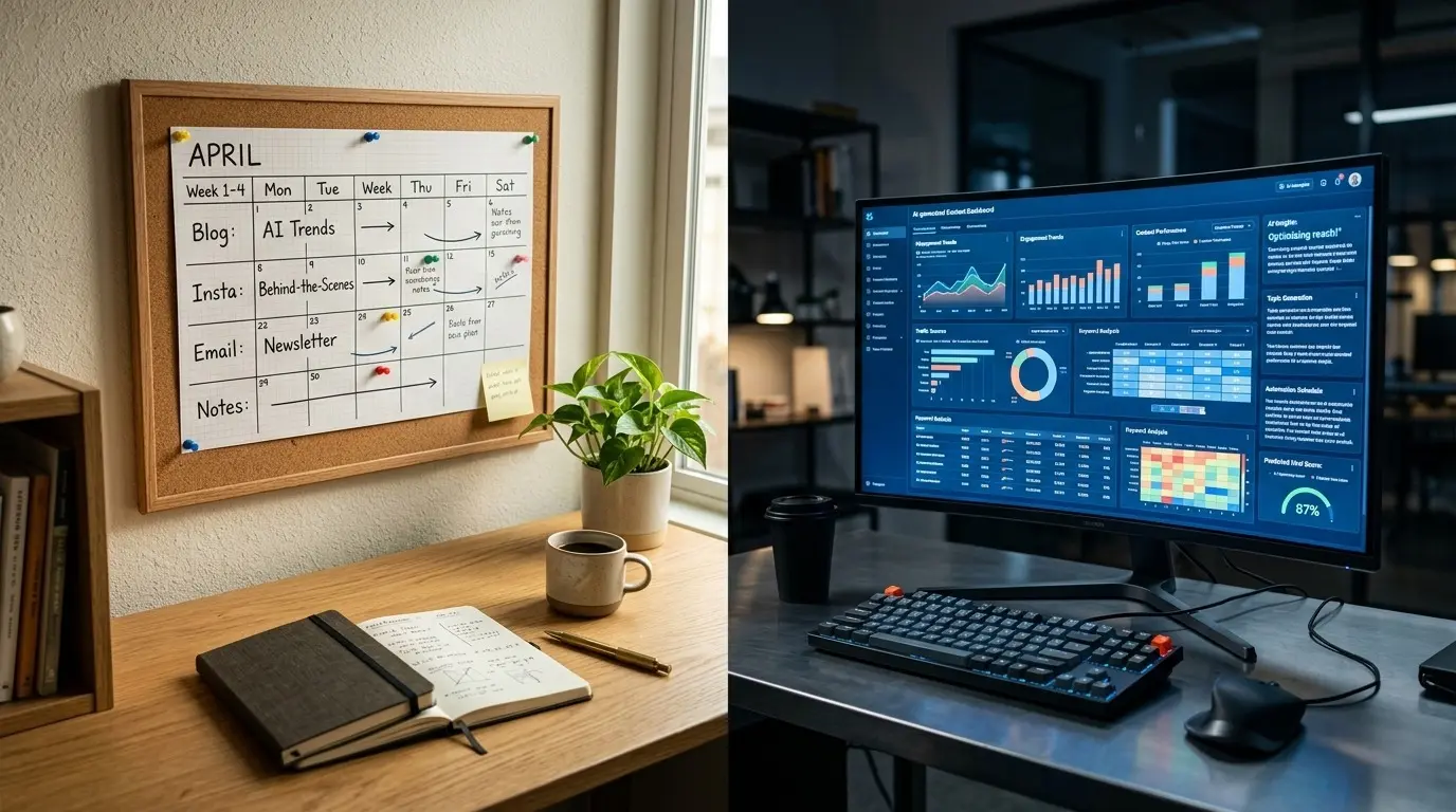 Imagine divizată: Partea stângă prezintă un calendar de plută cu notițe scrise de mână, un planificator, o plantă și cafea pe un birou din lemn; partea dreaptă prezintă un monitor de birou cu diagrame de strategie de marketing de conținut într-un birou slab iluminat.