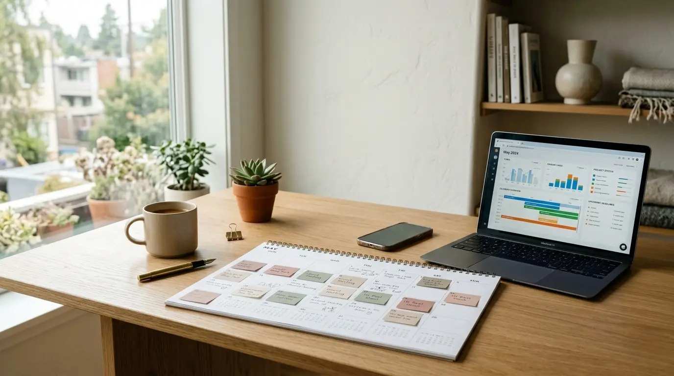 Un birou ordonat lângă o fereastră conține un calendar, un stilou, o cană, plante mici, un smartphone și un laptop deschis care afișează diagrame și grafice pentru planificarea conținutului social media. Rafturi cu cărți și decor sunt în fundal.