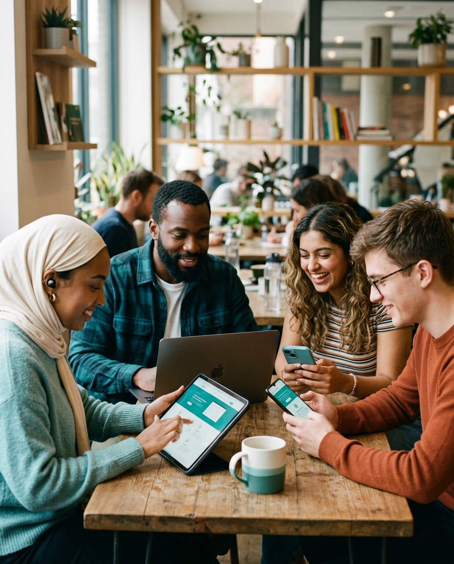 Patru tineri stau în jurul unei mese într-o cafenea modernă, zâmbind și lucrând împreună la laptopuri, tablete și smartphone-uri. Se văd căni de cafea și plante, care creează o atmosferă relaxată și prietenoasă.