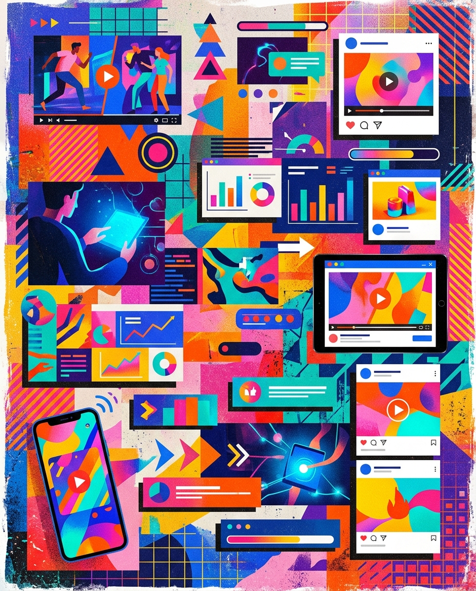 Ilustrație abstractă colorată care prezintă diverse dispozitive digitale, diagrame, grafice și interfețe de rețele sociale, alături de forme geometrice vii, reprezentând crearea de conținut online, analiza datelor și comunicarea digitală.