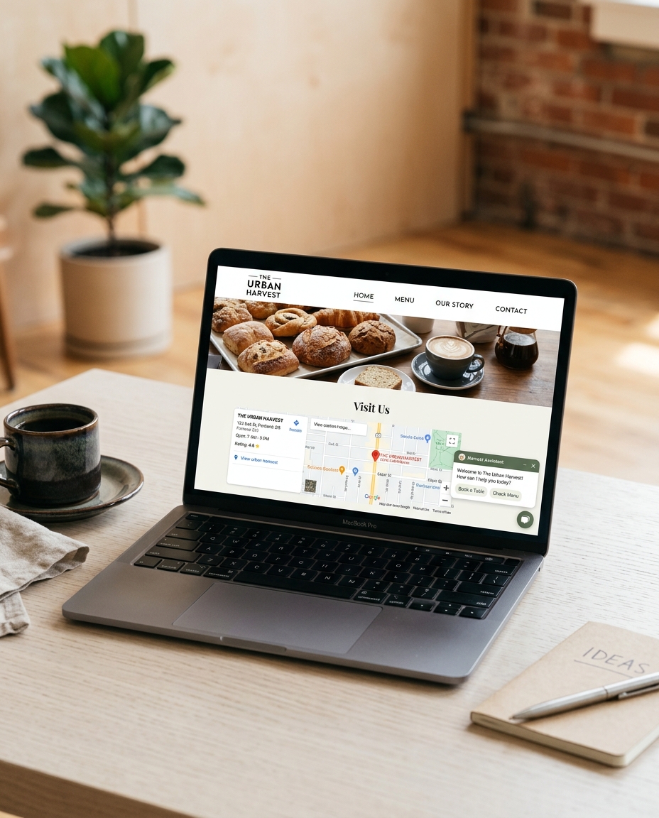 Pe un birou din lemn se află un laptop pe care este afișat site-ul unei brutării, prezentând produse de patiserie, cafea și o hartă cu locația. Pe birou se află, de asemenea, o ceașcă de cafea, un caiet cu inscripția „IDEAS” și o plantă în ghiveci.