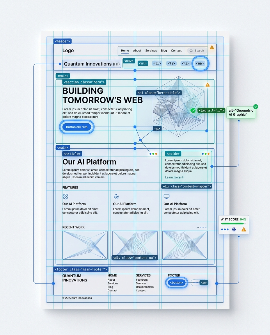 Un wireframe de site web cu secțiuni etichetate, incluzând un antet, un meniu de navigare, o zonă principală, un element grafic geometric generat de IA, blocuri de conținut, butoane și un subsol. Liniile de ghidare și notele albastre ilustrează structura paginii și elementele de design.