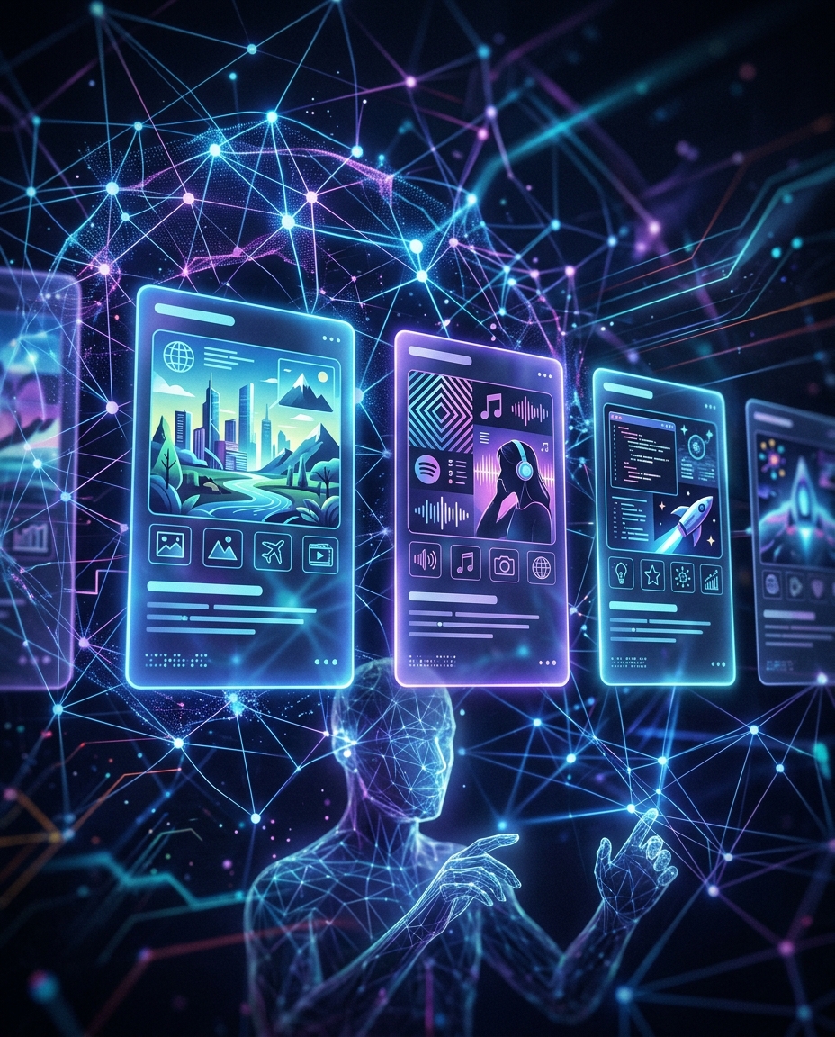 O operă de artă digitală înfățișează o siluetă umană în stil wireframe care interacționează cu ecrane luminoase, futuriste, pe care sunt afișate diverse date și imagini, toate fiind interconectate prin linii și noduri vibrante de neon.