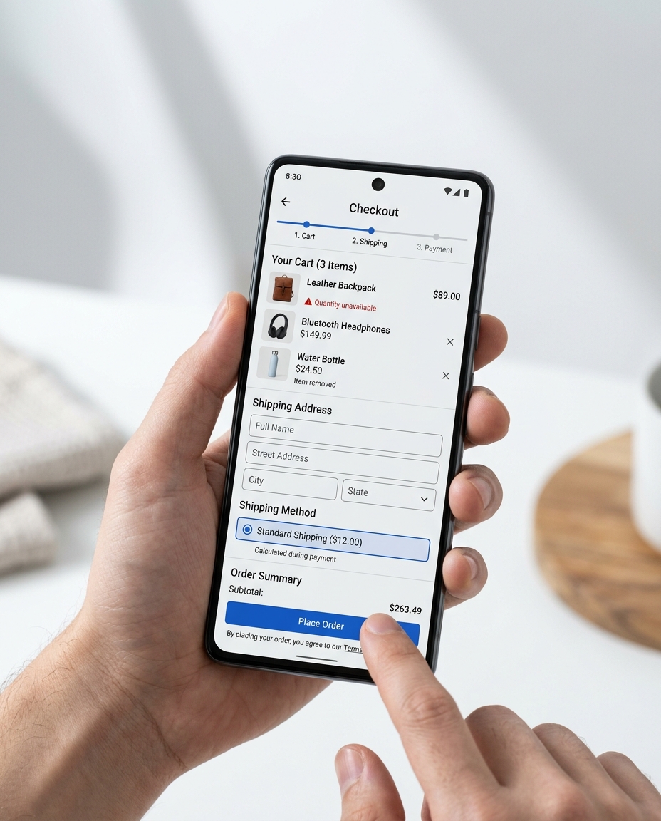 O persoană ține în mână un smartphone pe care se afișează o pagină de finalizare a comenzii online, cu articolele din coș și detaliile comenzii, iar degetul său este pe punctul de a apăsa butonul „Finalizează comanda”.