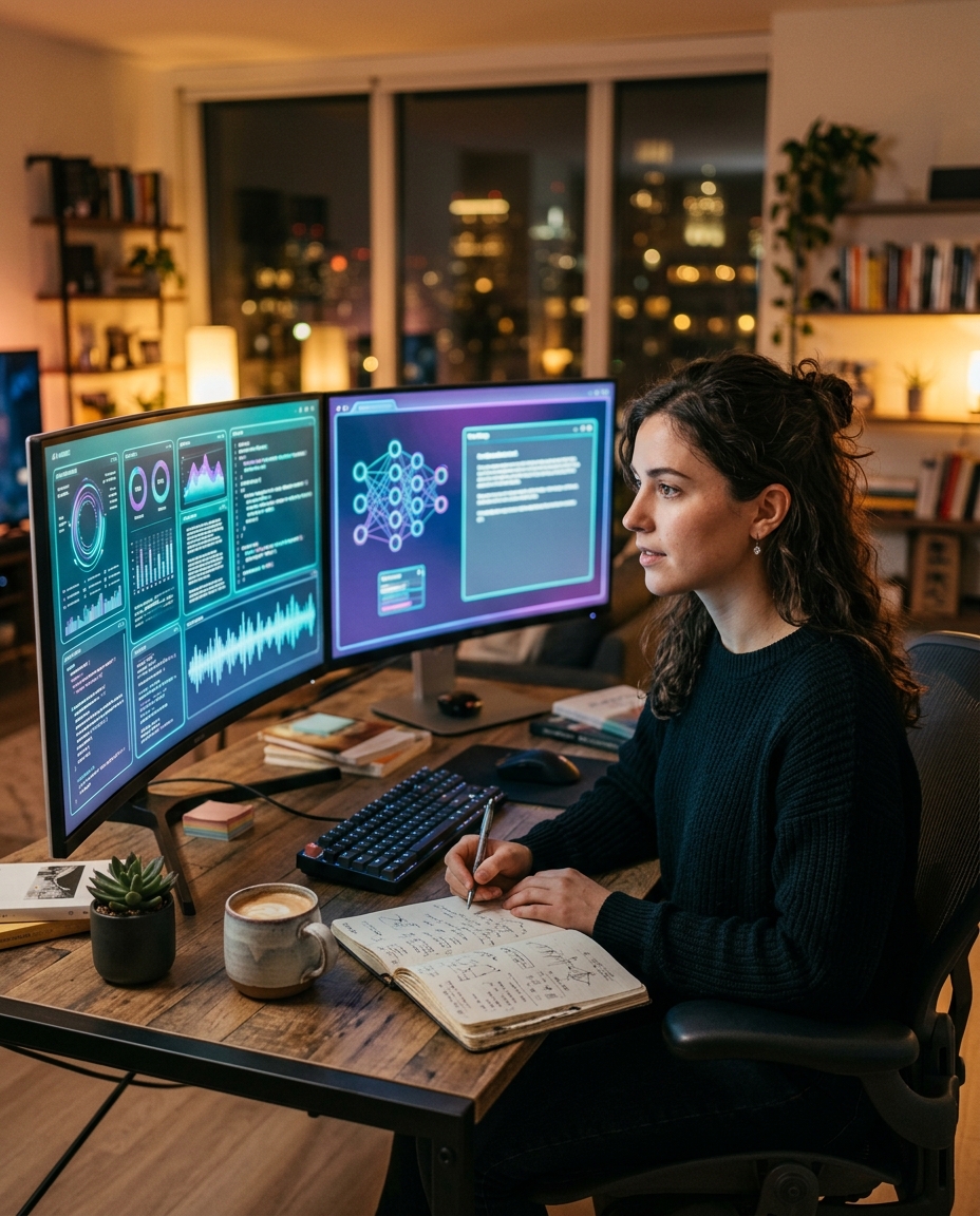 O femeie stă așezată la un birou, în fața a trei monitoare mari de computer pe care sunt afișate vizualizări de date și diagrame. Ea scrie într-un caiet, iar în spatele ei, prin fereastră, se văd o cană de cafea, o plantă în ghiveci și luminile orașului.