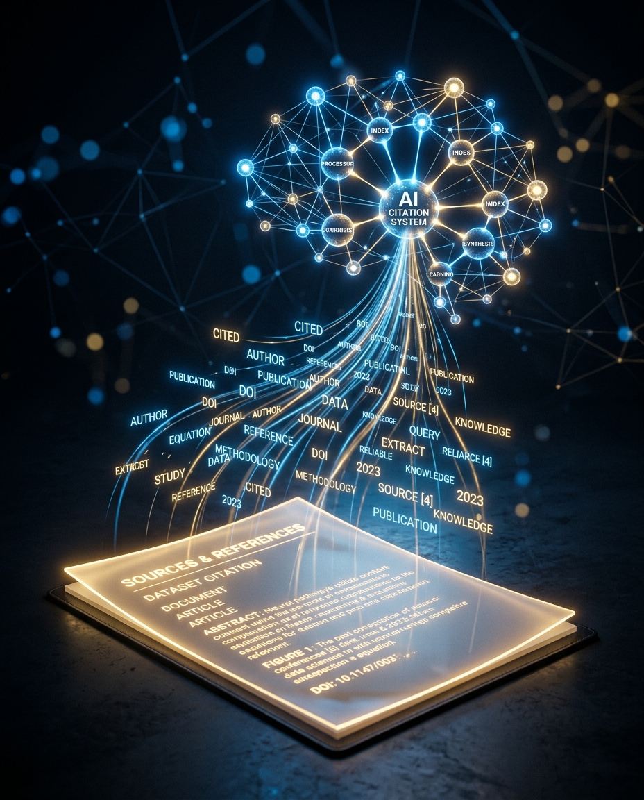 O tabletă digitală luminoasă proiectează o rețea de noduri și linii interconectate, formând o structură asemănătoare unui creier, intitulată „AI Citation Generator”. Cuvinte care curg, precum „citare”, „date” și „sursă”, reprezintă legăturile dintre informații.