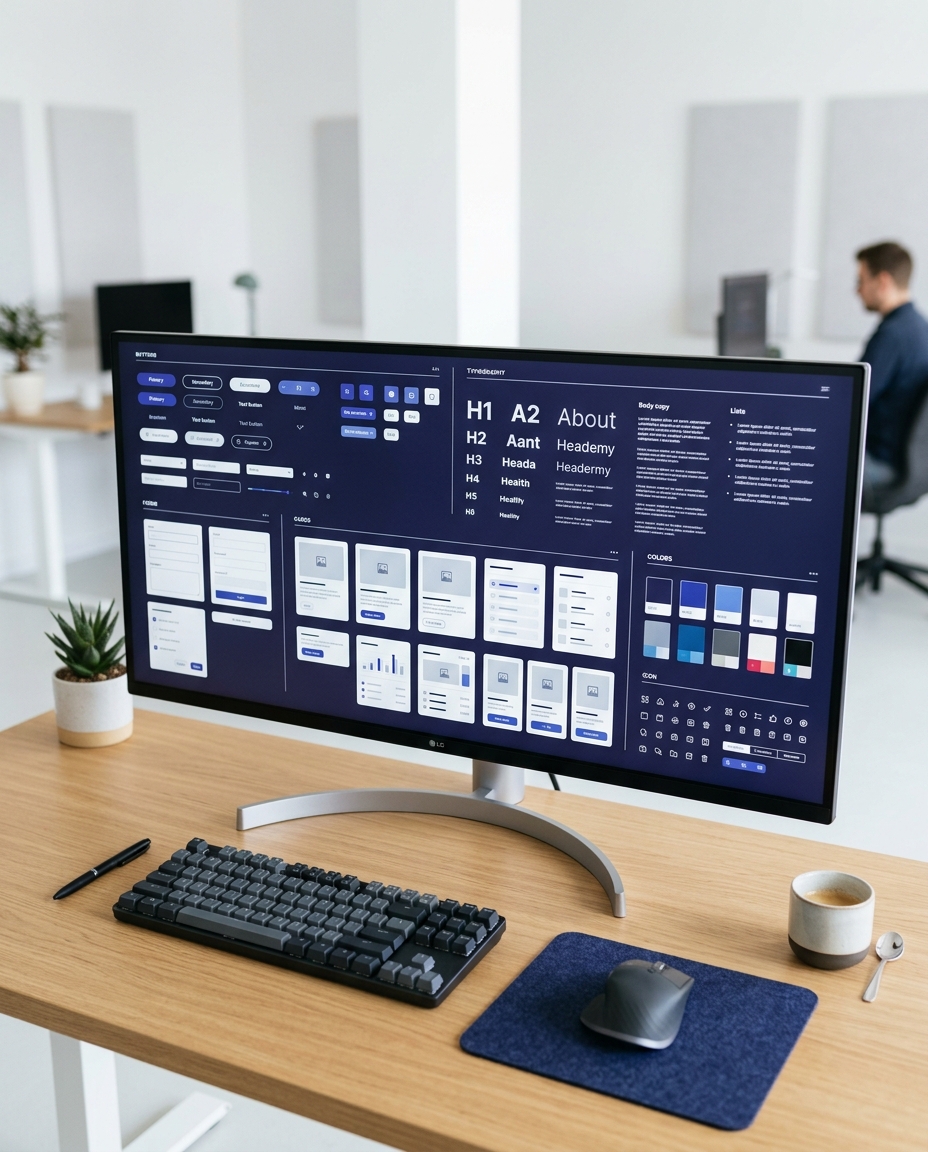 Un birou modern, cu un monitor pe care se vede designul unei interfețe de utilizator, o tastatură, un mouse așezat pe un covoraș albastru, un caiet, un stilou și două plante mici în ghivece. În fundal se vede un spațiu de birou luminos și minimalist.