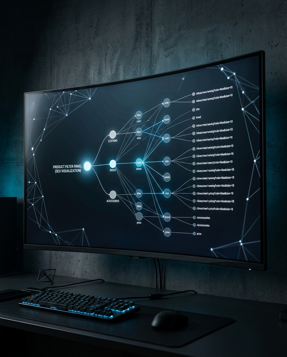 Un monitor mare de computer afișează un diagramă de flux digitală cu noduri conectate și linii de date într-un spațiu de lucru modern și întunecat. Pe biroul de sub ecran se află o tastatură și un mouse.