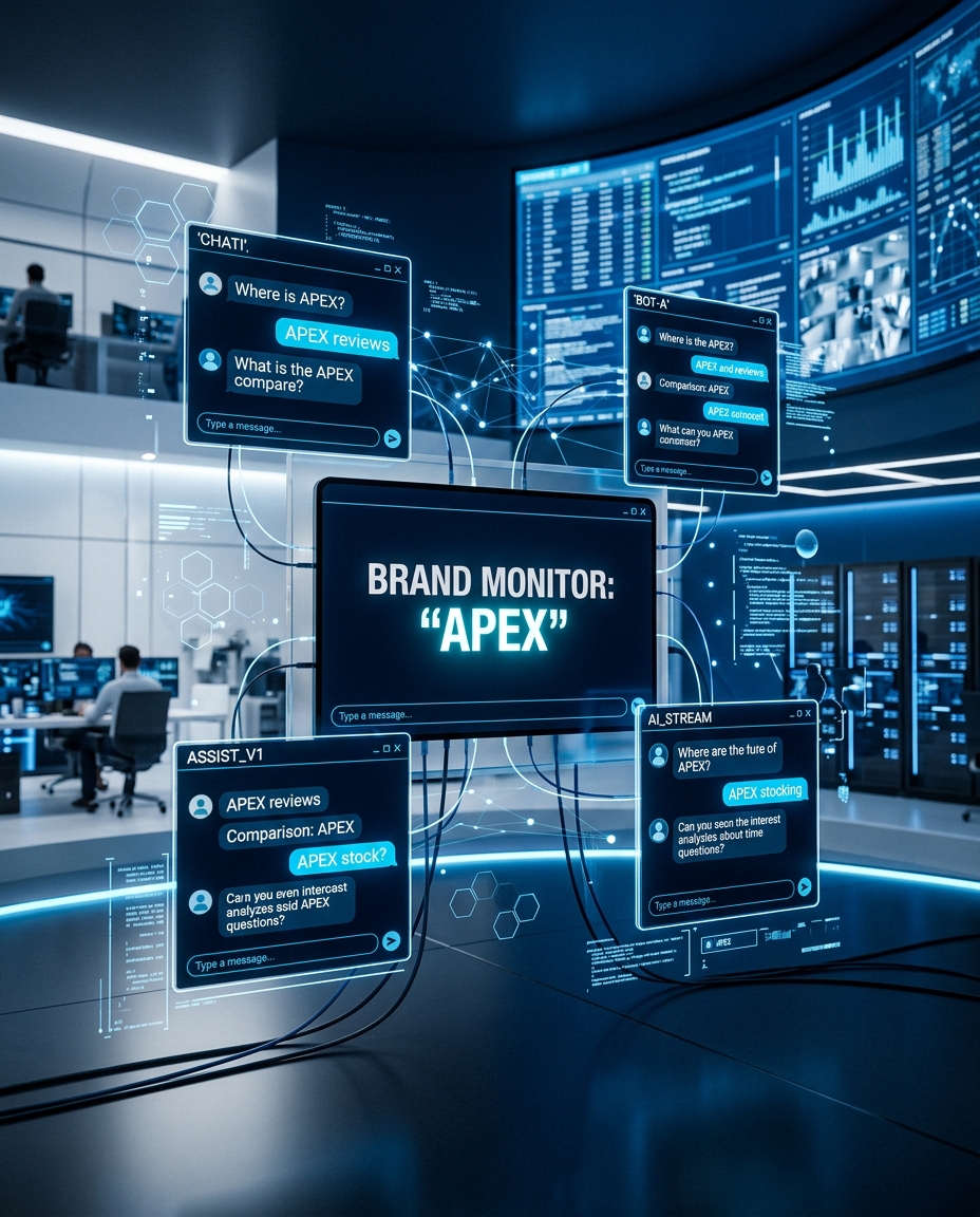 O cameră de control de ultimă generație, dotată cu ecrane digitale de mari dimensiuni și ferestre de chat holografice, care analizează mențiunile online referitoare la marca „APEX”. Analiștii, așezați la birourile lor, monitorizează datele și recenziile referitoare la marcă într-un cadru futurist.