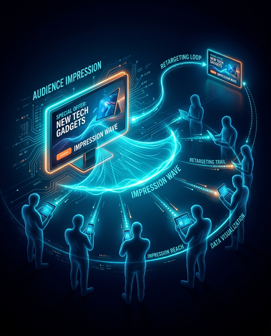 Ilustrație digitală înfățișând persoane cu tablete, înconjurate de linii luminoase și puncte de date, care vizualizează concepte de marketing digital precum impresia asupra publicului, valul de impresii, ciclul de retargeting și reclame cu oferte speciale pentru gadgeturi tehnologice noi.