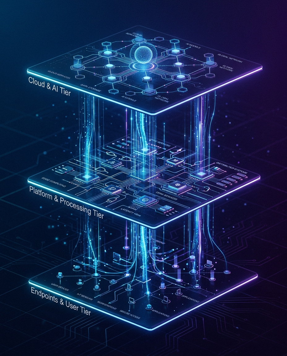 O diagramă 3D futuristă prezintă trei straturi digitale luminoase, denumite: „Nivelul cloud și IA”, „Nivelul platformei și procesării” și „Nivelul terminalelor și utilizatorilor”, conectate prin linii luminoase care reprezintă fluxul de date.