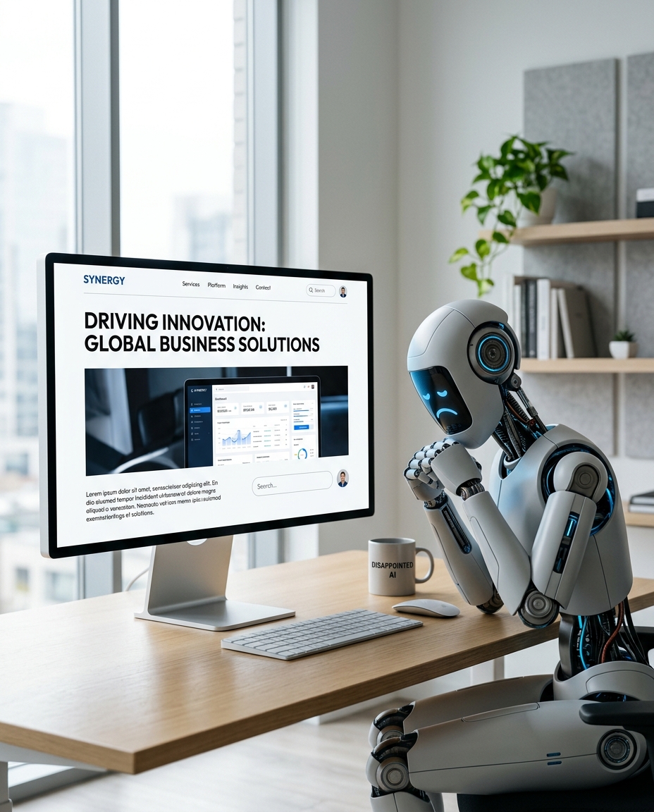 Un robot umanoid stă așezat la un birou modern, privind ecranul unui computer pe care se afișează un site web de afaceri intitulat „Driving Innovation: Global Business Solutions”, într-un birou luminos, cu ferestre mari.