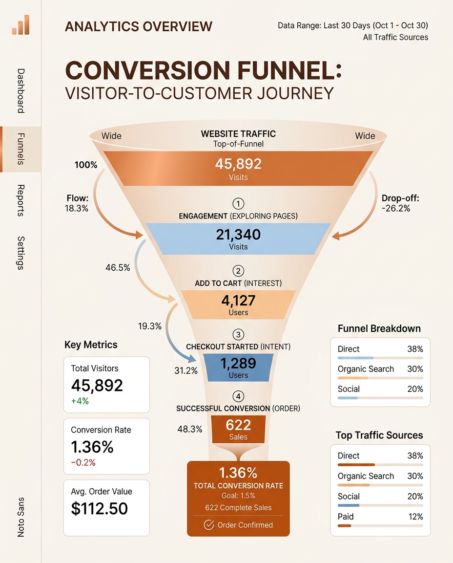 O infografică intitulată „Pâlnia de conversie: parcursul de la vizitator la client” prezintă etapele de la traficul pe site (45.892 de vizitatori) până la conversiile reușite (622 de vânzări), incluzând procente, indicatori-cheie, detalii privind pâlnia de conversie și principalele surse de trafic.