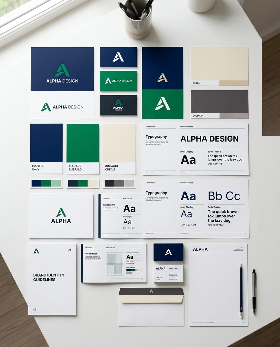 O colecție de articole de papetărie și materiale de design cu sigla mărcii, inclusiv cărți de vizită, hârtie cu antet, palete de culori, logo-uri, mostre tipografice și ghiduri de utilizare, toate așezate ordonat pe un birou alb, alături de o plantă în ghiveci și stilouri.