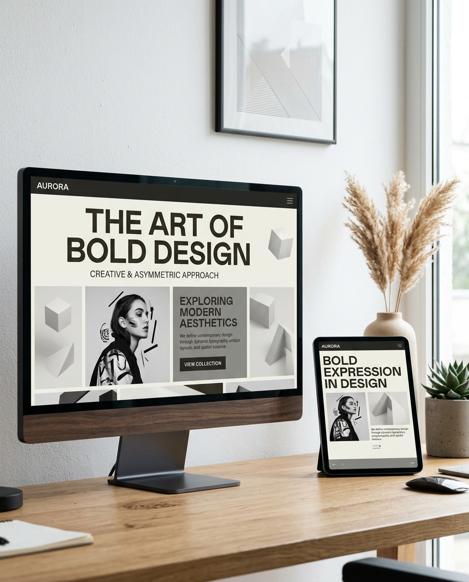 Un spațiu de lucru modern, cu un computer și o tabletă așezate pe un birou din lemn, ambele afișând un site web dedicat designului îndrăzneț. În fundal se află câteva obiecte decorative, o vază cu plante uscate și o fereastră mare.