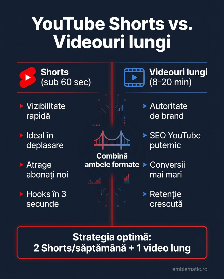 Infografic: YouTube Shorts vs. videouri lungi - strategie 2026, emblematic.ro
