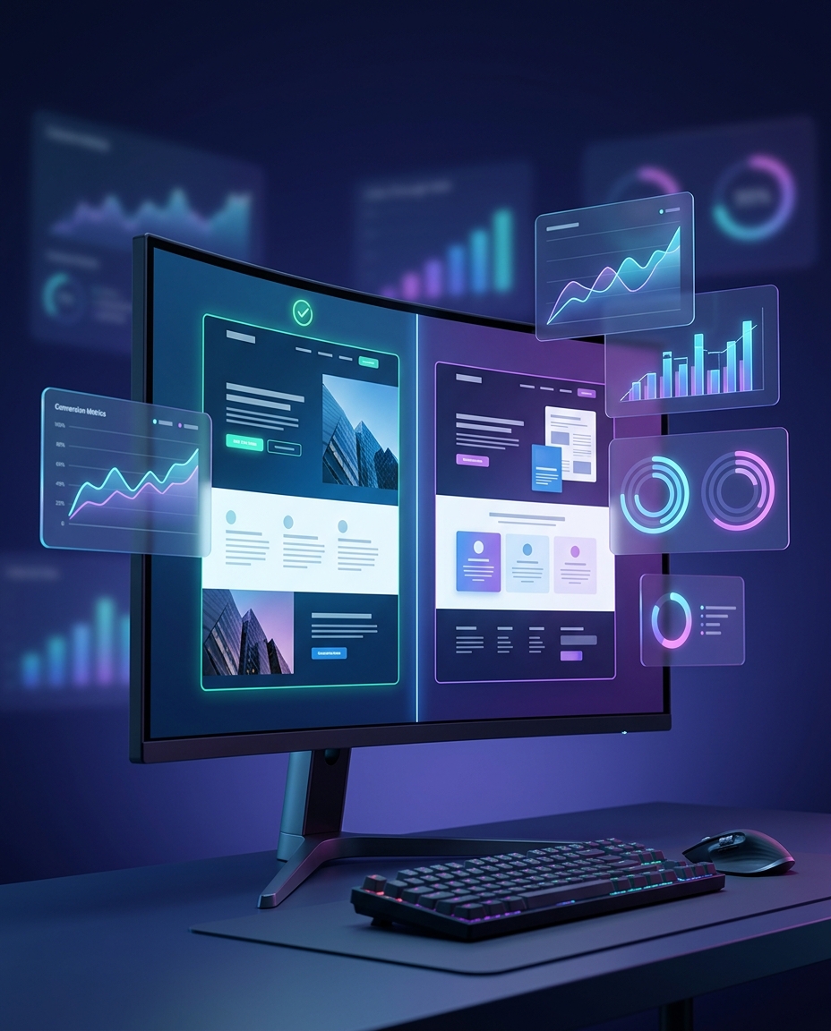 O configurație cu două monitoare afișează grafice colorate, diagrame și vizualizări de date. Elementele plutitoare ale interfeței digitale prezintă date analitice și pagini web într-un spațiu de lucru modern și futurist, cu o tastatură luminoasă așezată pe birou.