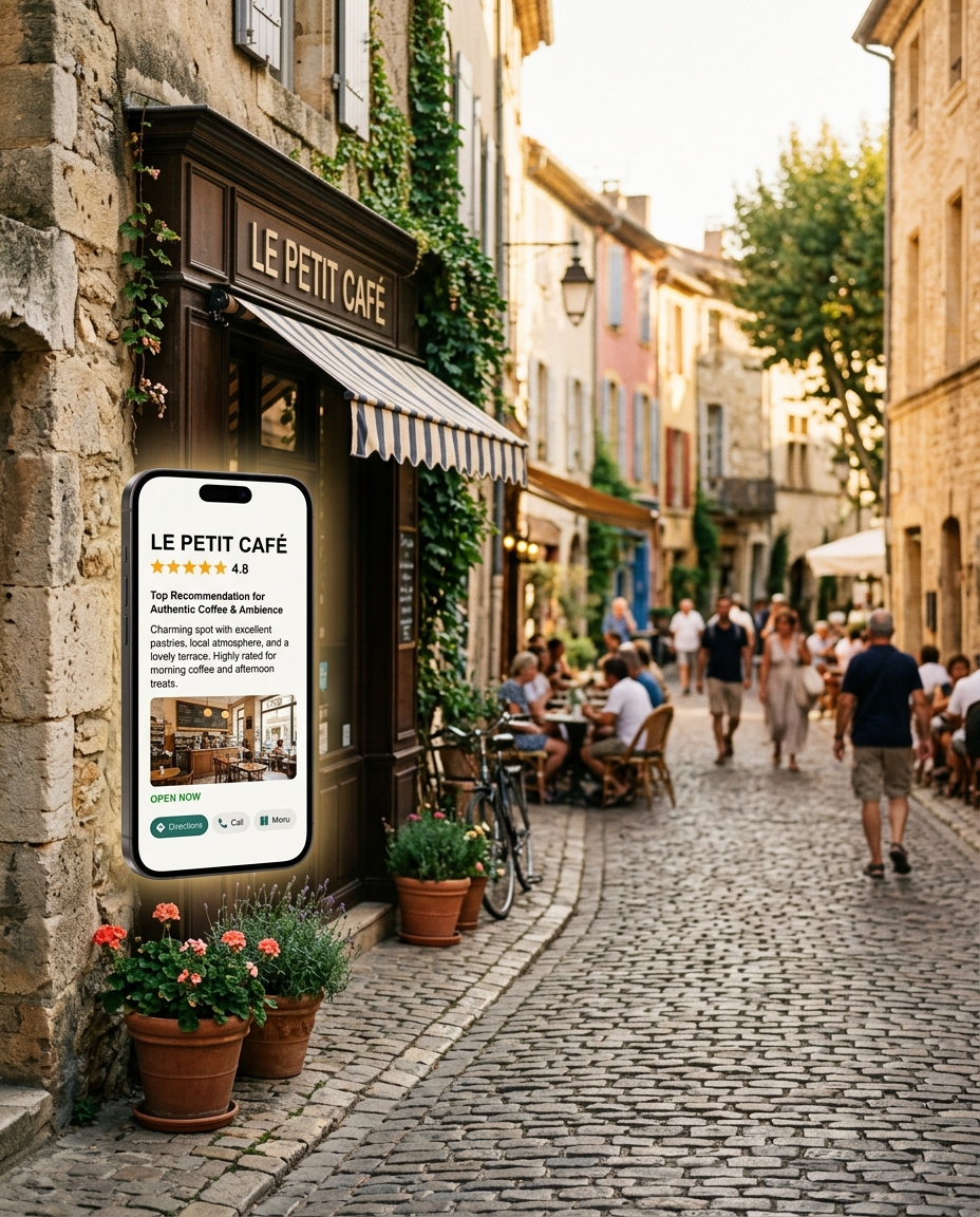 O stradă pavată cu pietre, pe care se văd oameni care iau masa la terasă, în fața unei cafenele numite „Le Petit Café”. Lângă intrare se află un ecran digital mare, în formă de smartphone, care afișează informații și recenzii despre cafenea. Intrarea este decorată cu ghivece cu plante.