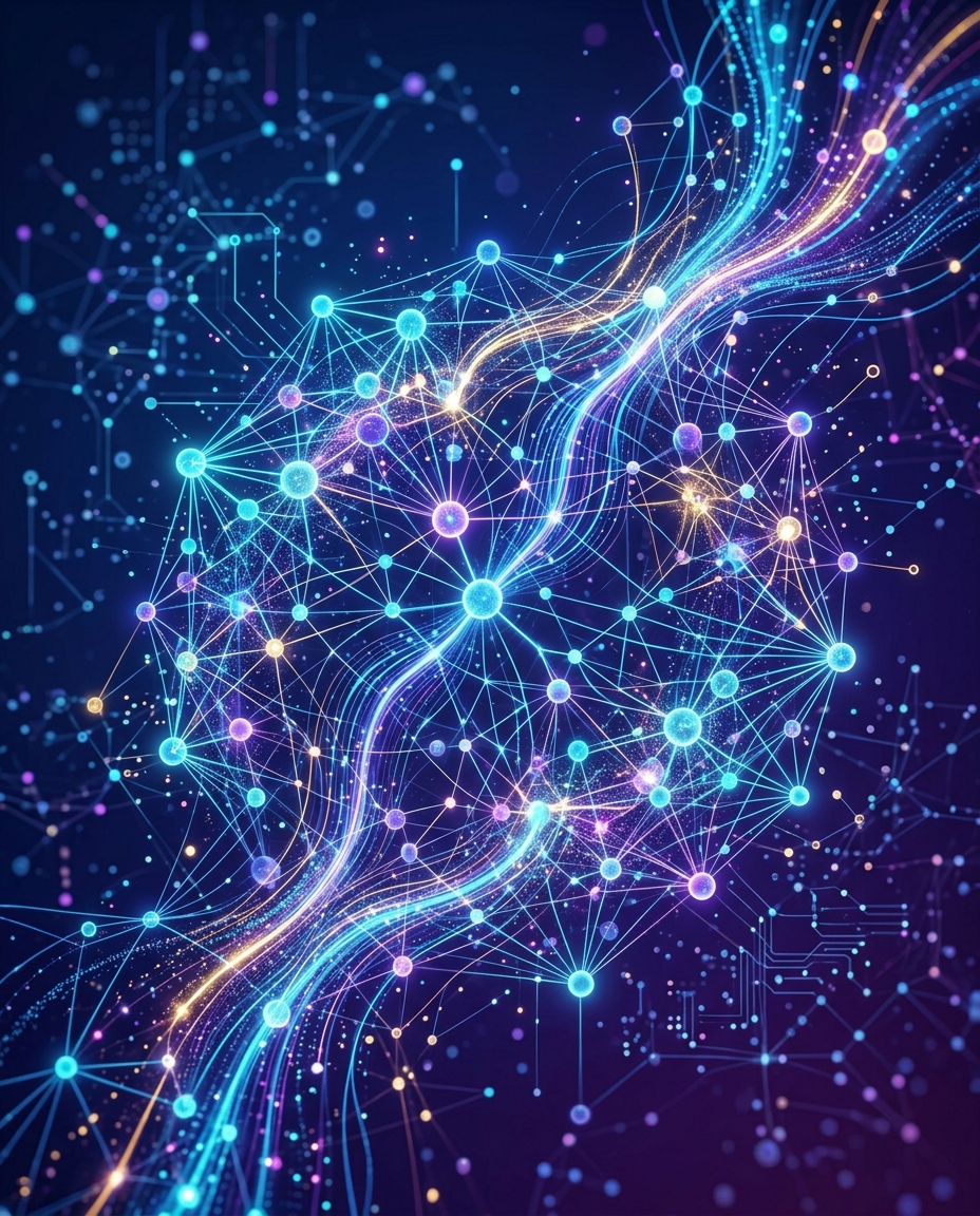O ilustrație digitală plină de viață, compusă din noduri și linii luminoase interconectate, care formează un model complex de rețea în nuanțe de albastru și violet, simbolizând tehnologia, schimbul de date și inteligența artificială.