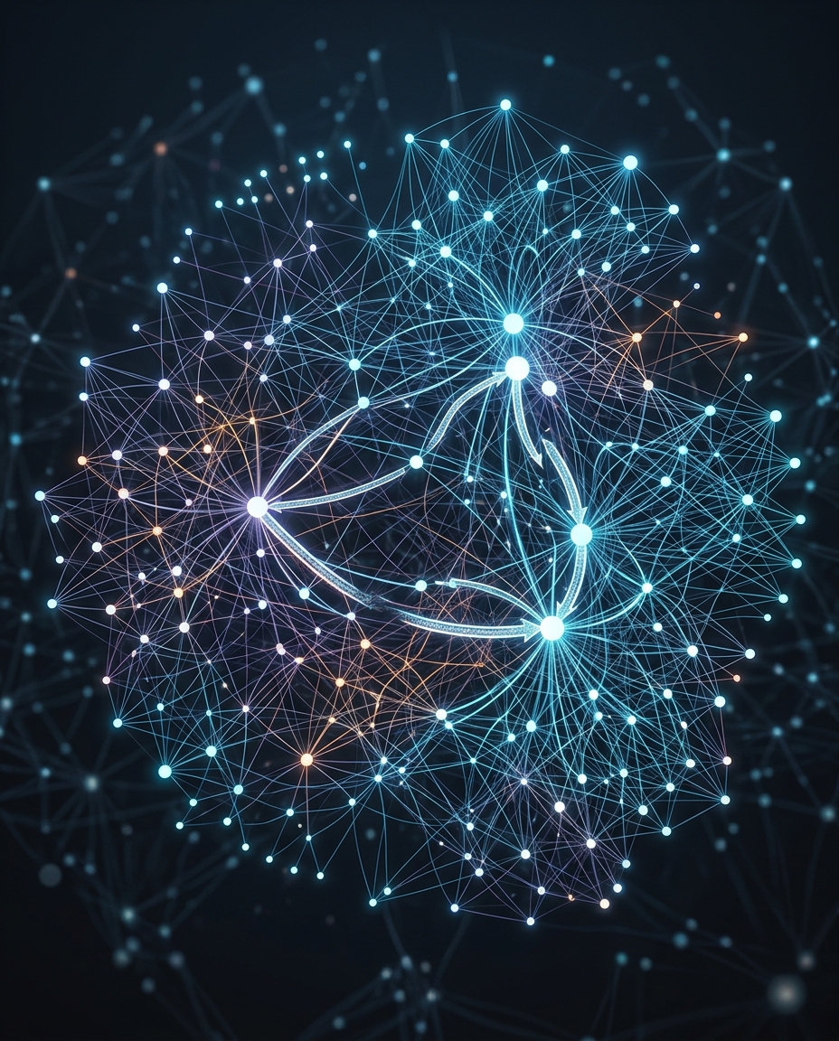 Noduri și linii colorate, interconectate, formează o sferă complexă și strălucitoare pe un fundal întunecat, reprezentând concepte precum inteligența artificială, rețelele neuronale sau conectivitatea digitală.