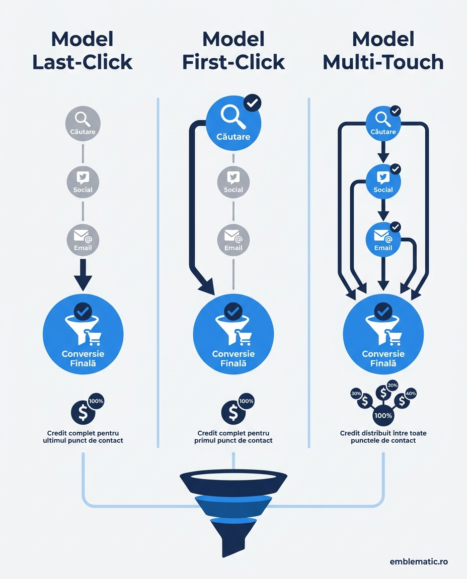 Comparație modele de atribuire marketing: last-click, first-click, multi-touch
