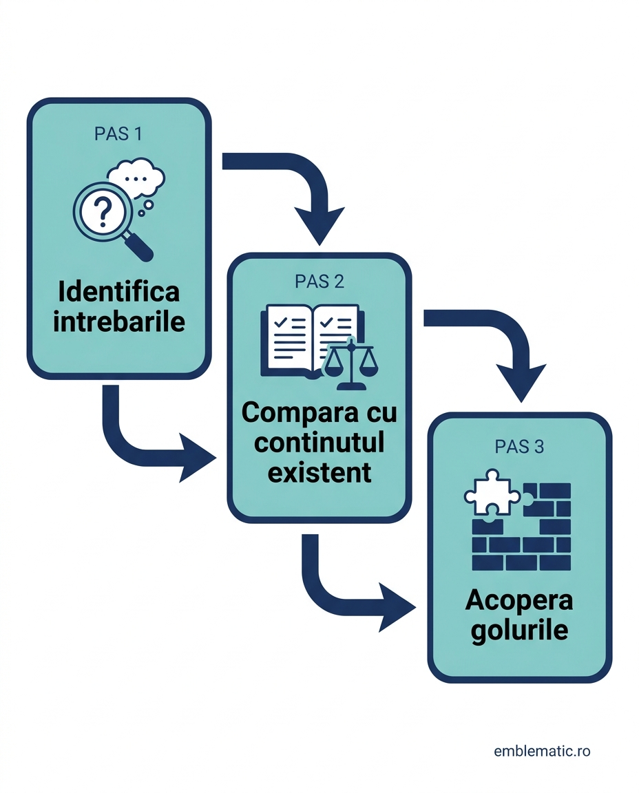 Procesul de content mapping în trei pași: identifică întrebările, compară cu conținutul existent, acoperă golurile