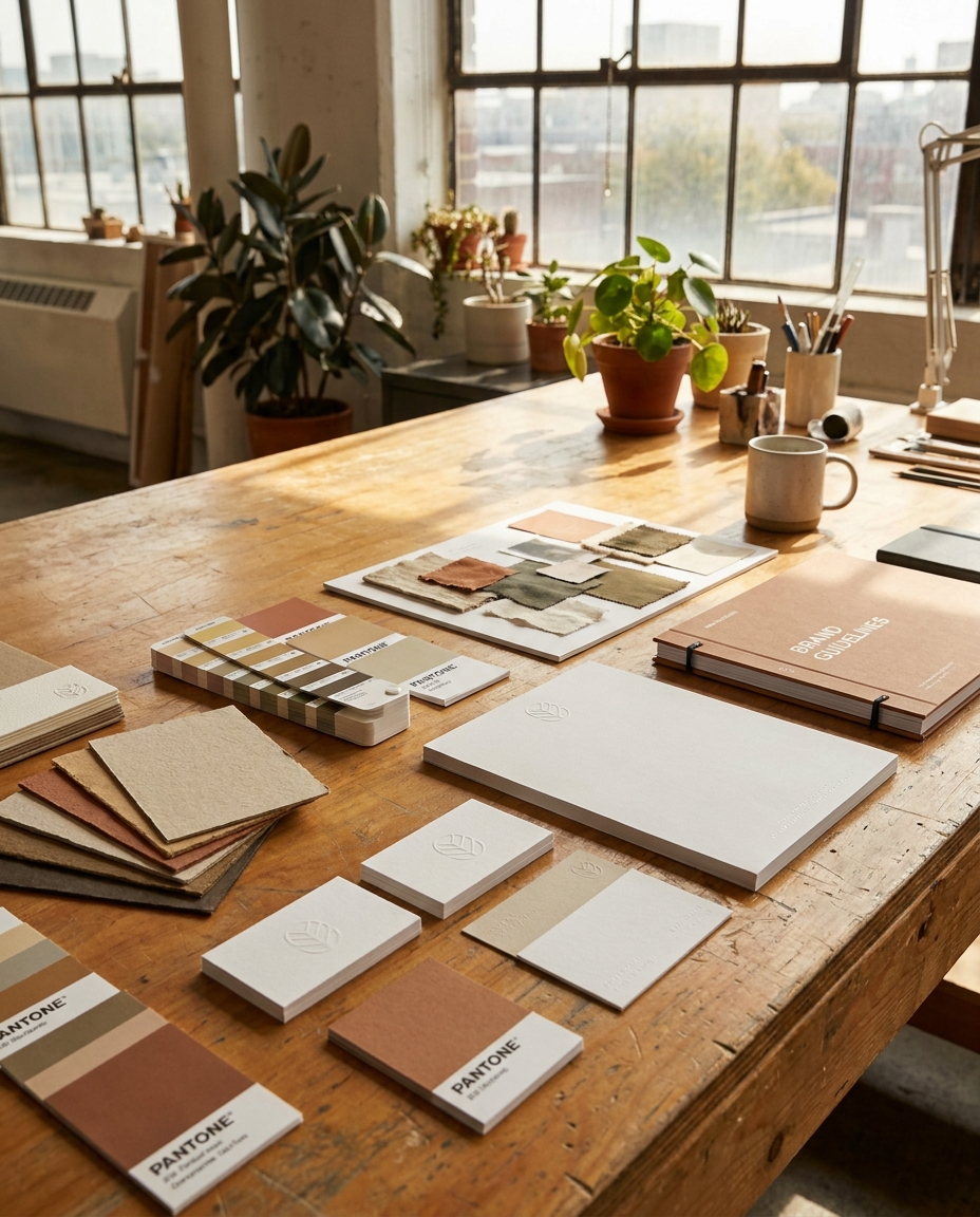 O masă din lemn cu mostre de culori Pantone, caiete, mostre de hârtie și plante, scăldată în lumina naturală care pătrunde prin ferestrele mari de tip industrial, într-un decor de studio de design.