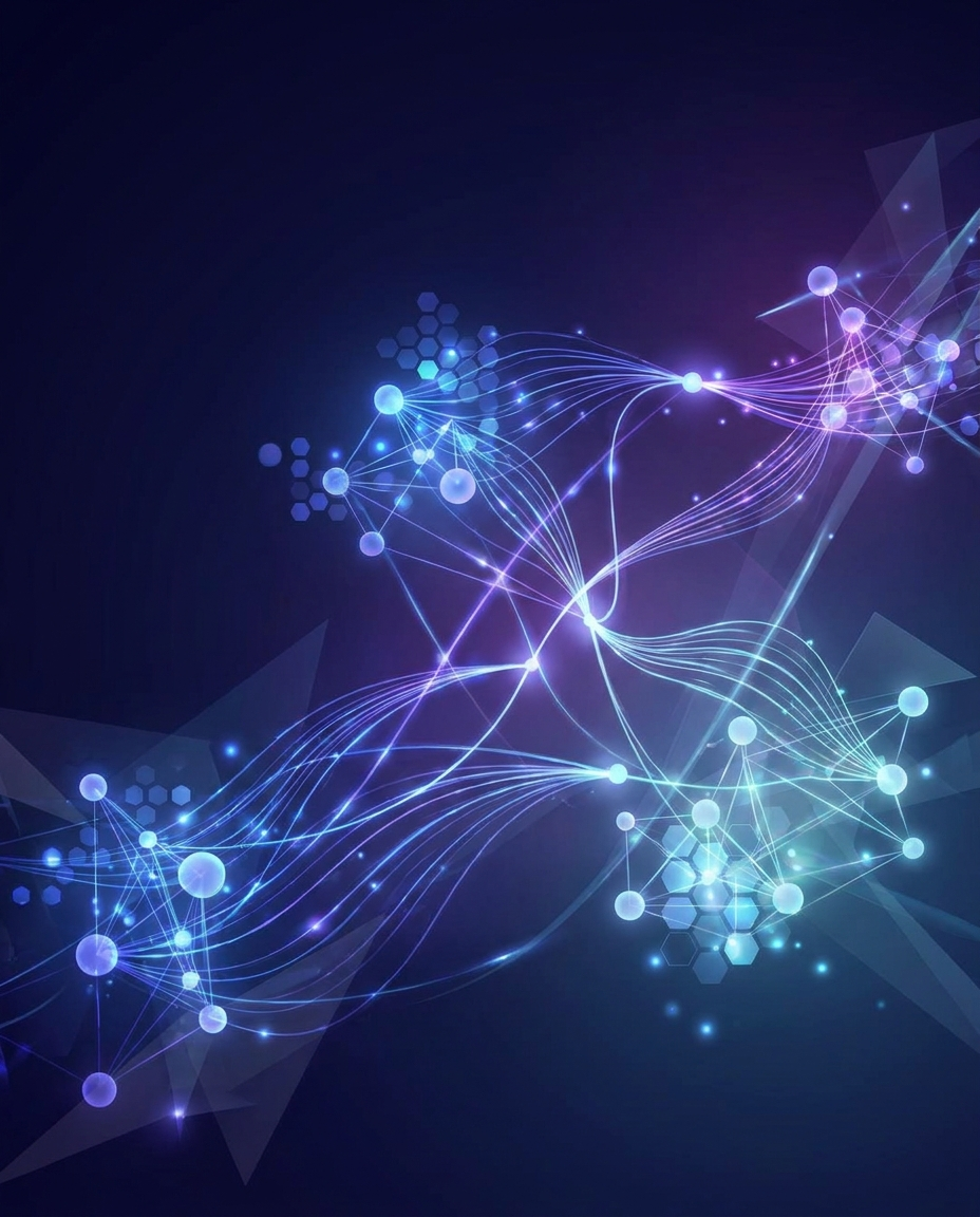 Imagine digitală abstractă cu linii, puncte și forme geometrice strălucitoare, de culoare albastră și violetă, pe un fundal întunecat, care amintesc de conexiuni de date sau de rețele neuronale.