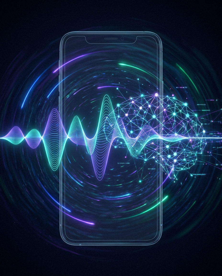 Un smartphone transparent, cu unde sonore luminoase și un „creier” digital, înconjurat de lumini de neon care se învârt, simbolizează tehnologia vocală și de date bazată pe inteligența artificială.
