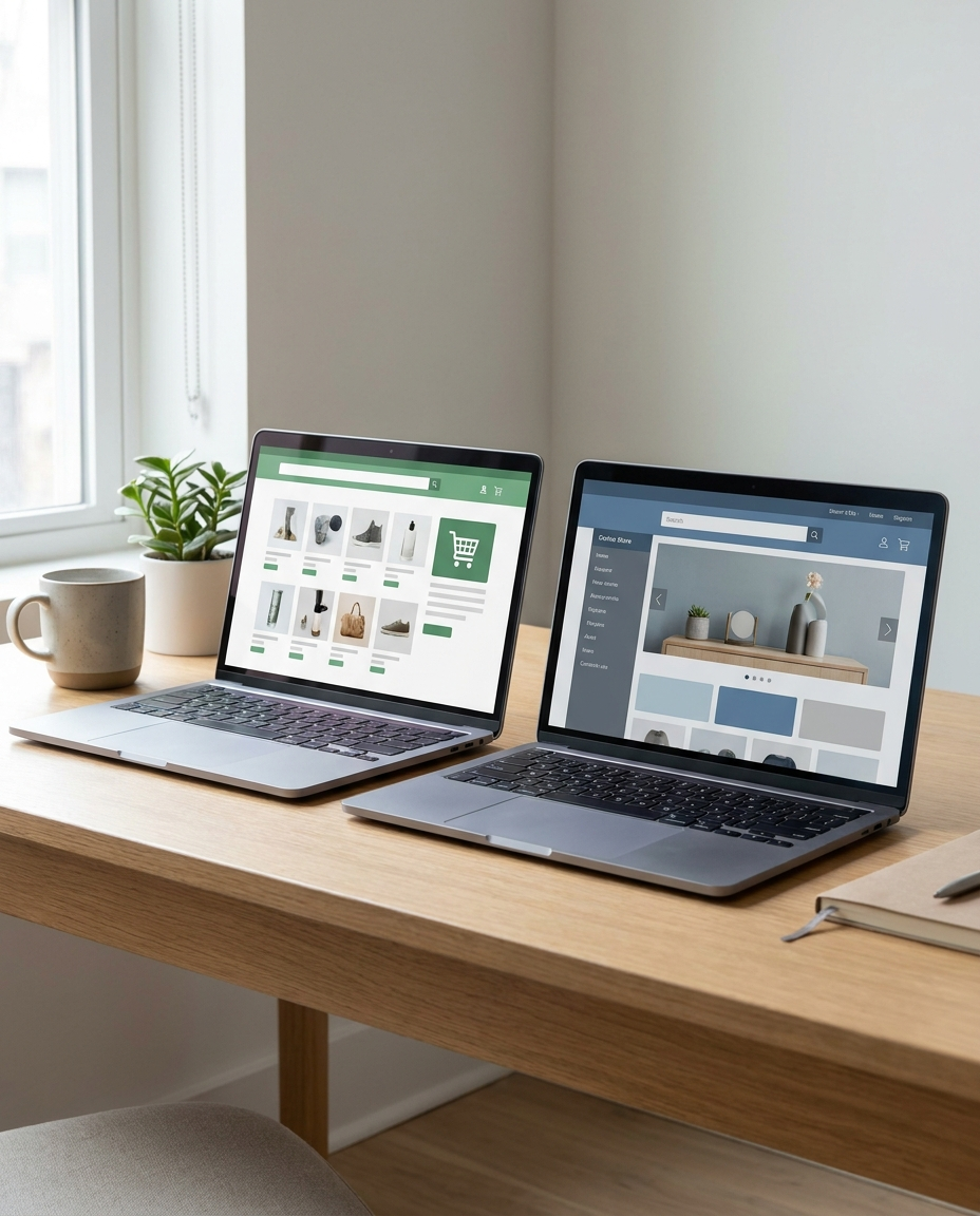 Pe un birou din lemn se află două laptopuri deschise, pe ecranele cărora sunt afișate site-uri de cumpărături online. În apropiere se află o cană de cafea, o plantă în ghiveci și un caiet. Scena este bine luminată de lumina naturală care pătrunde printr-o fereastră din apropiere.