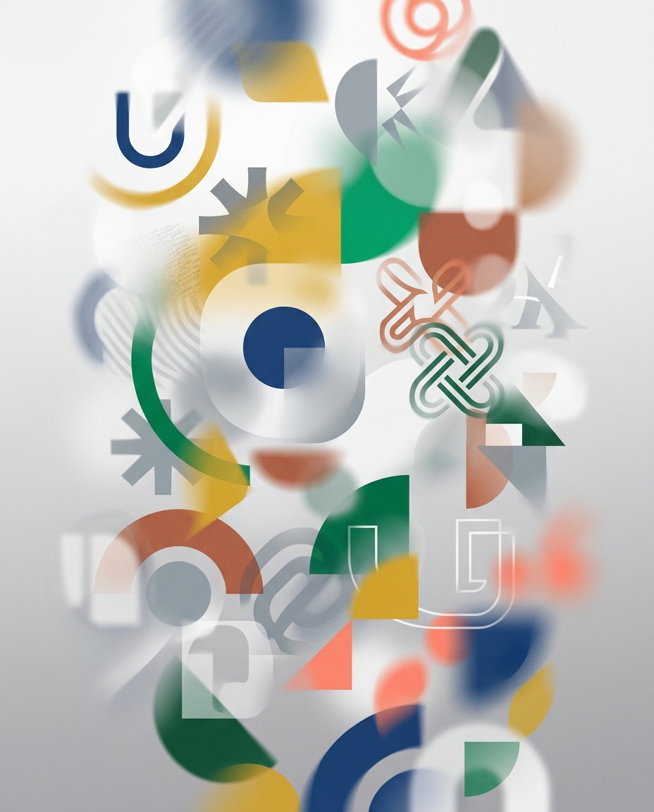 Imagine abstractă care prezintă diverse forme geometrice în culori diferite, printre care cercuri, semicercuri, săgeți și linii suprapuse. Fundalul este un gradient de la alb la gri deschis, iar formele par ușor estompate și suprapuse.