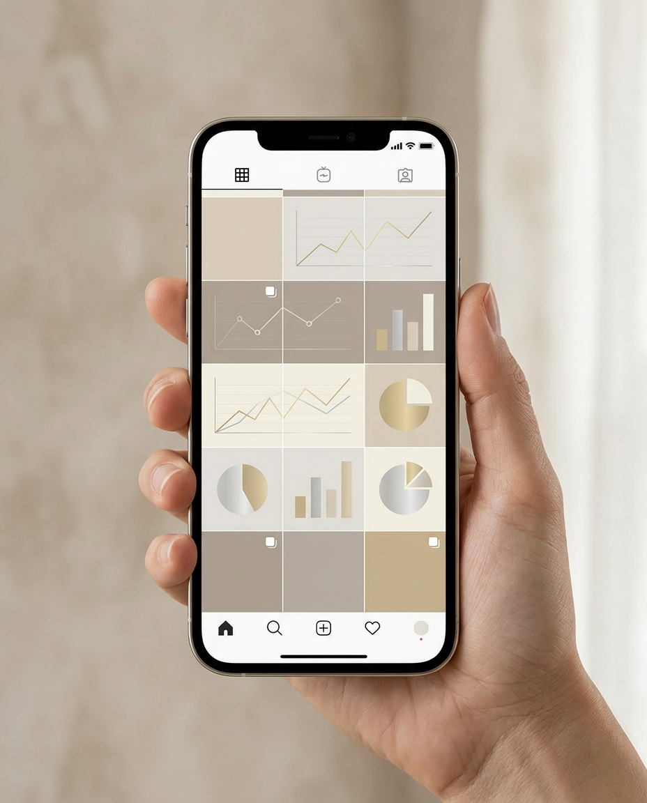 O mână ține un smartphone pe care se afișează o aplicație cu diverse grafice, diagrame și vizualizări de date în nuanțe de bej și gri, dispuse într-o structură tip grilă.
