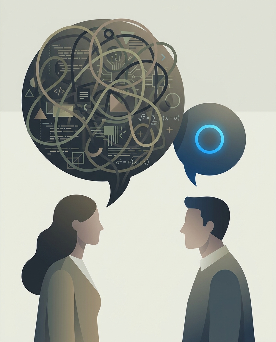 Ilustrație cu două persoane care discută; una are un balon de dialog plin de linii încâlcite și simboluri matematice, iar cealaltă are un simplu cerc albastru în balonul său, simbolizând comunicarea complexă în comparație cu cea simplă.