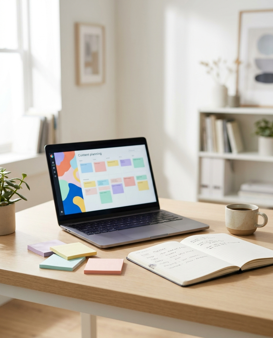 Un laptop pe ecranul căruia se vede un panou colorat de planificare a proiectelor se află pe un birou pe care se află bilețele adezive, un caiet deschis, o cană și o mică plantă în ghiveci, într-un spațiu de birou luminos și modern.