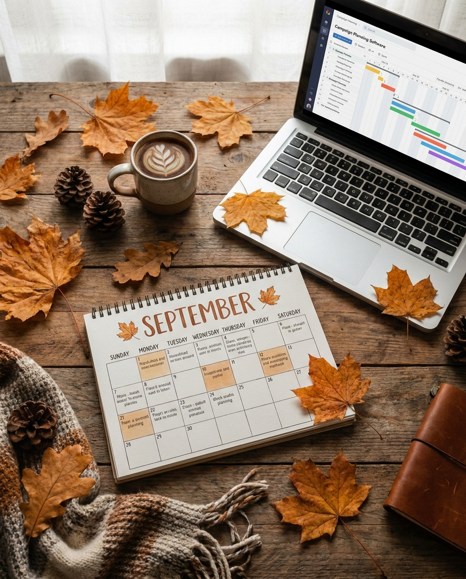 Un calendar din septembrie, frunze de toamnă, conuri de pin, o ceașcă de cafea, un laptop pe care se vede un grafic, un pulover și un caiet din piele sunt așezate pe o masă din lemn, creând o atmosferă confortabilă de lucru specifică toamnei.