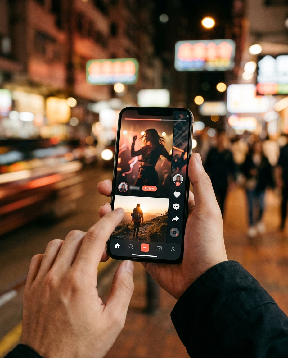 O persoană ține în mână un smartphone și derulează conținutul unei aplicații de socializare care afișează videoclipuri; fundalul este o stradă aglomerată și puternic iluminată din oraș, pe timp de noapte, cu panouri publicitare estompate și oameni care se plimbă.