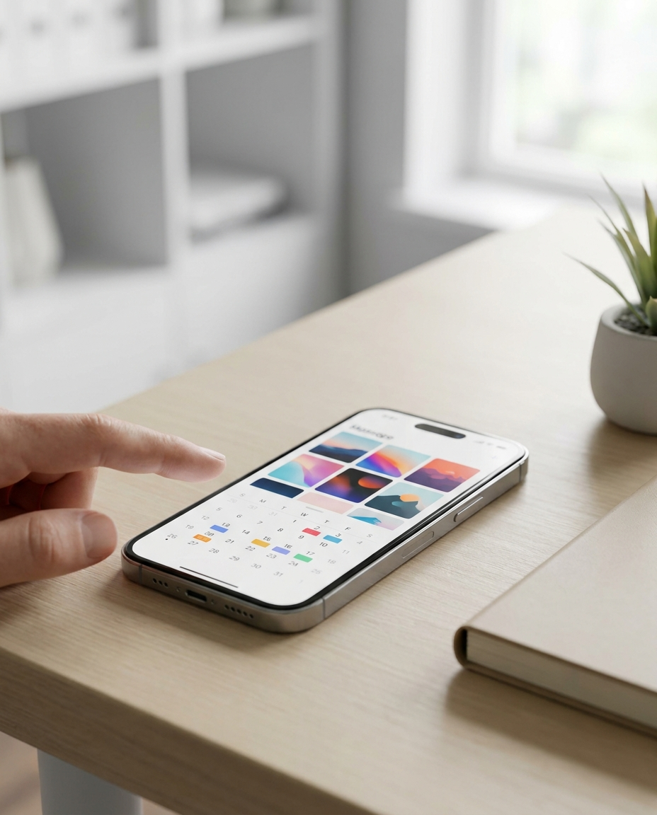 O mână arată spre un smartphone pe care se vede un calendar colorat, așezat pe un birou din lemn, lângă un caiet închis și o mică plantă în ghiveci.