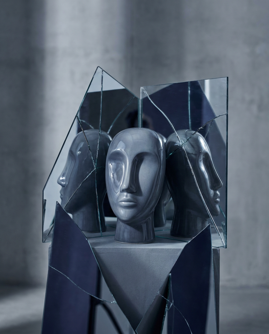 Un cap sculptat de culoare gri este înconjurat de oglinzi sparte, creând multiple reflexii ale chipului. Cadrul are un aspect minimalist și industrial, cu un fundal din beton.