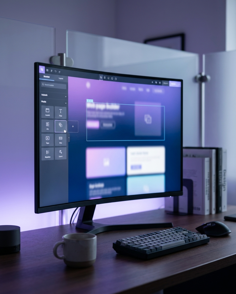 Pe un birou se află un monitor de computer pe care este afișată interfața unui program de creare a site-urilor web. Pe birou se mai află o tastatură, un mouse, o cană și niște cărți. Camera are o iluminare ambientală de culoare violetă.