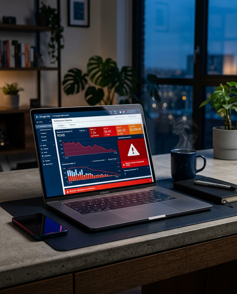 Pe un birou se află un laptop pe ecranul căruia este afișat un panou de control al unei campanii Google Ads, cu avertismente și grafice care indică o scădere a performanței. În apropiere se află un smartphone, un caiet cu un stilou și o cană din care se ridică aburi. În fundal se văd o bibliotecă și o fereastră.
