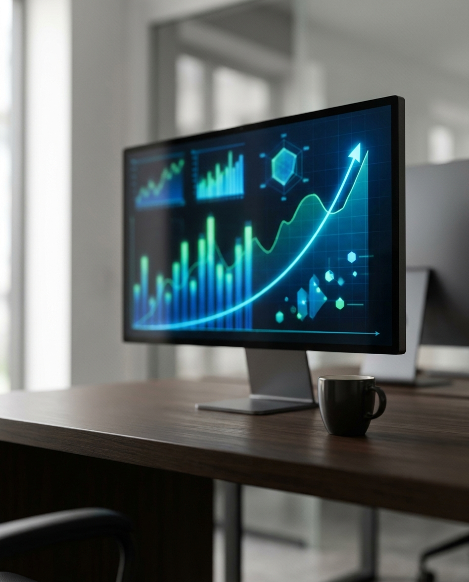 Un monitor de computer așezat pe un birou afișează grafice și diagrame colorate, cu o tendință ascendentă. Lângă el se află o cană de cafea. Fundalul biroului este modern și luminos, cu pereți din sticlă și un decor minimalist.