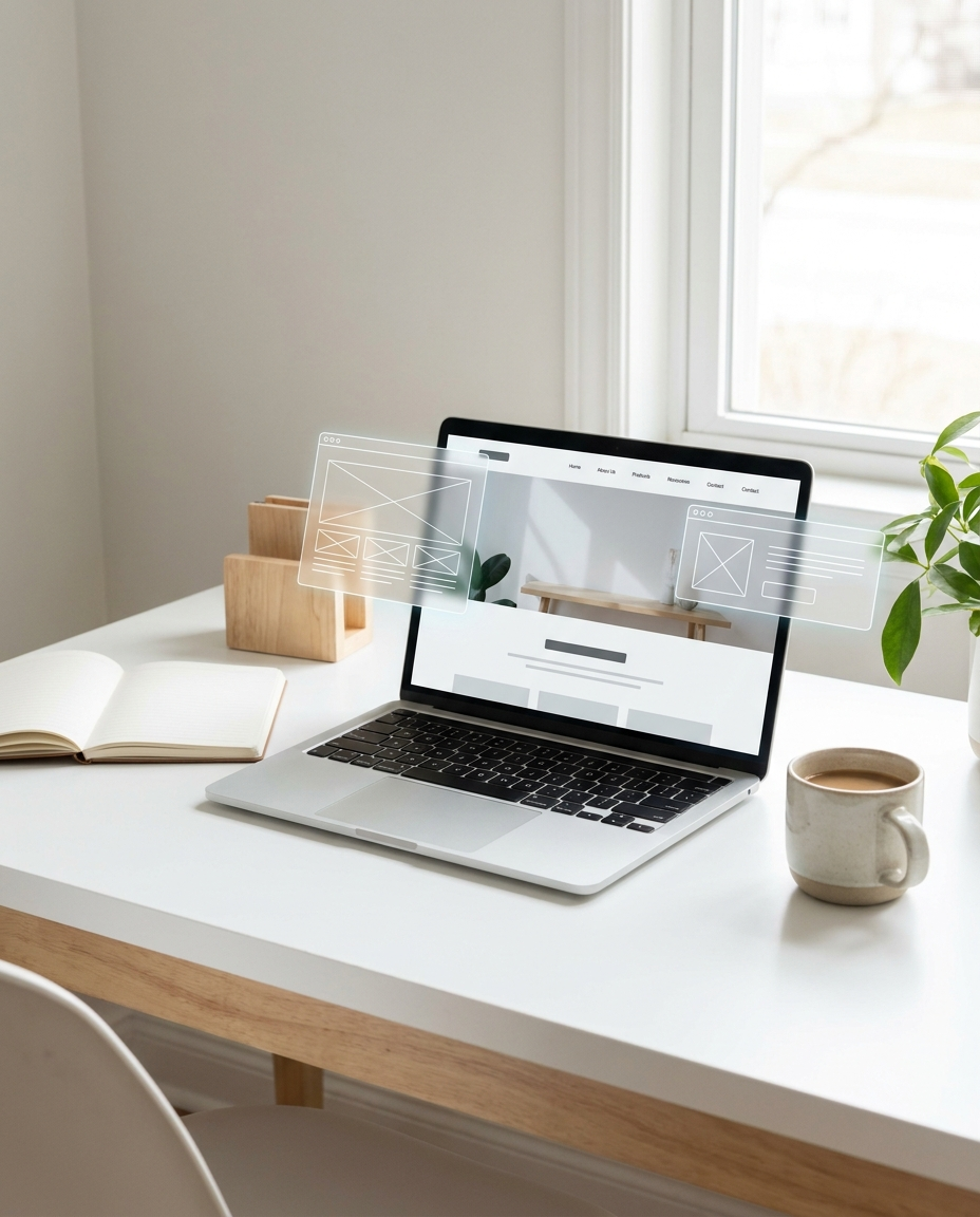 Un spațiu de lucru modern, cu un laptop pe care sunt afișate schițe de site-uri web, un caiet deschis, o ceașcă de cafea și o plantă în ghiveci, așezate pe un birou alb lângă o fereastră.