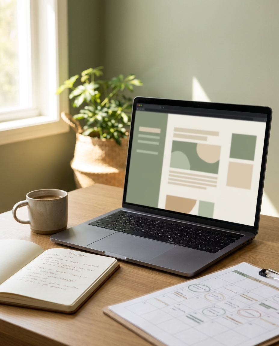 Pe un birou din lemn se află un laptop pe care este afișată o pagină web modernă. Lângă acesta se află o cană, un caiet deschis cu note scrise de mână, un agenda și o plantă lângă o fereastră luminată de soare.