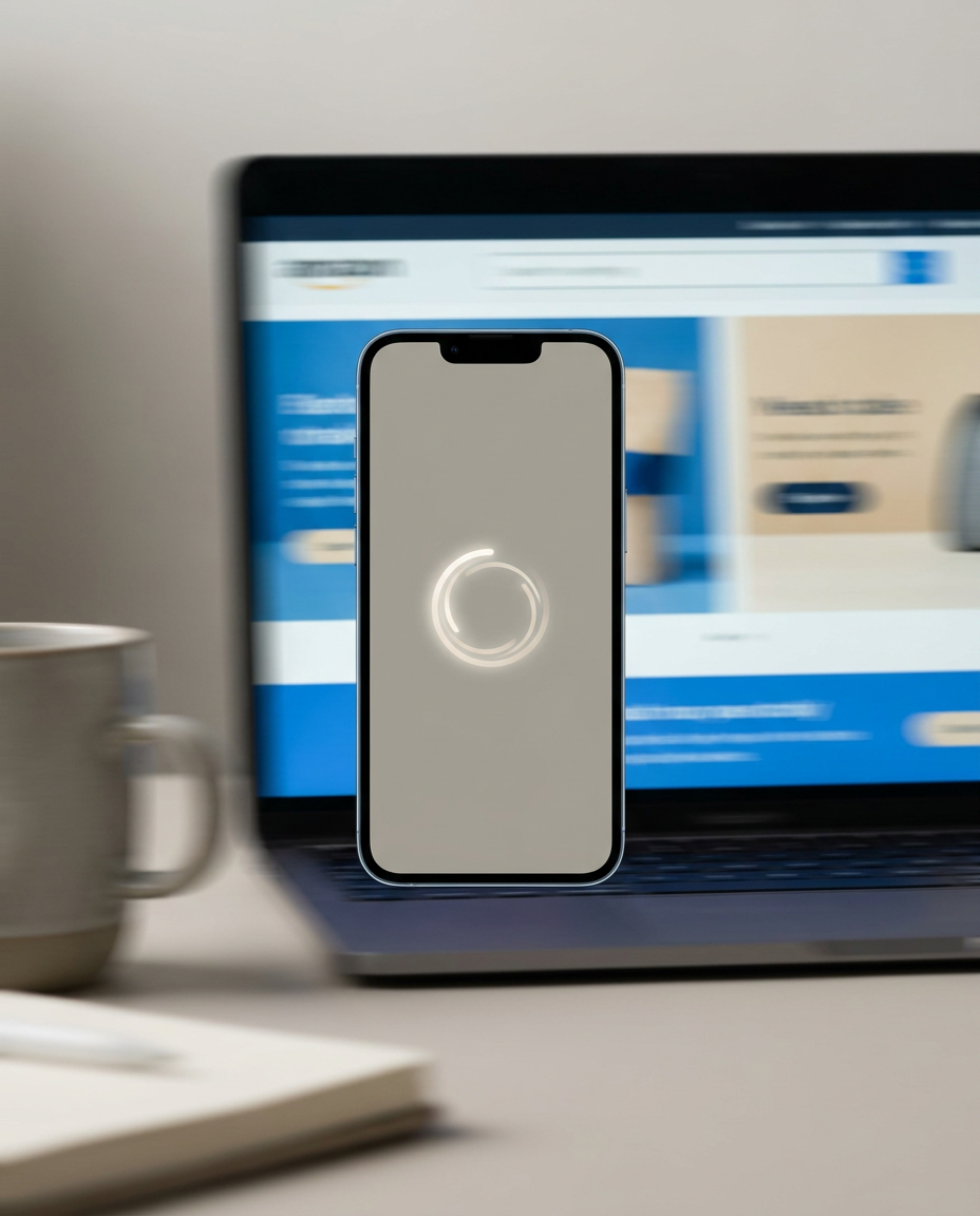 Un smartphone plutește în fața ecranului estompat al unui laptop pe care se afișează o pagină web. Pe birou se află o cană de cafea și un caiet. Ecranul telefonului afișează o pictogramă circulară strălucitoare care indică încărcarea.