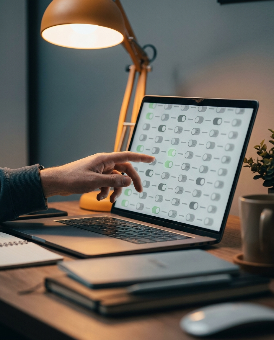 O mână arată spre ecranul unui laptop pe care sunt afișate mai multe comutatoare de tip „pornit/oprit”, unul dintre ele fiind evidențiat în verde. Pe birou se află o lampă, un caiet, o ceașcă și o plantă mică.