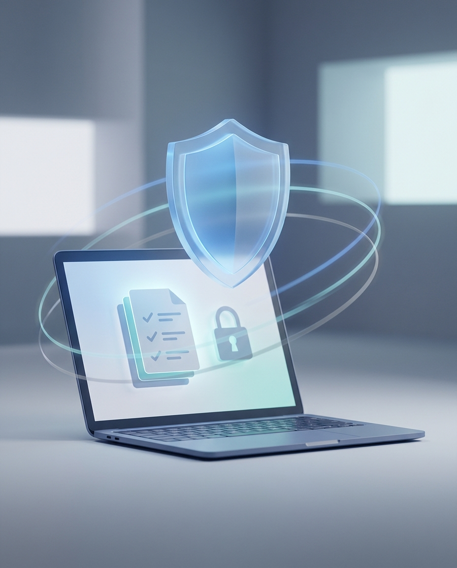 Un laptop afișează pictograme de securitate, printre care o listă de verificare și un lacăt, deasupra cărora plutește un scut digital luminos, simbolizând securitatea cibernetică și protecția datelor într-o încăpere modernă și minimalistă.