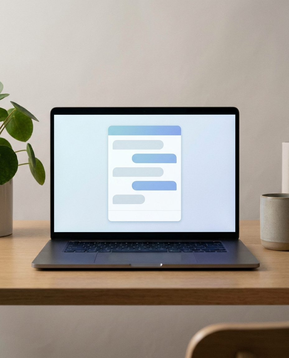 Pe ecranul unui laptop așezat pe un birou din lemn se vede o pictogramă stilizată reprezentând un document. Lângă laptop se află o plantă în ghiveci, o cană bej și un obiect cilindric alb, toate având ca fundal un perete simplu, de culoare deschisă.