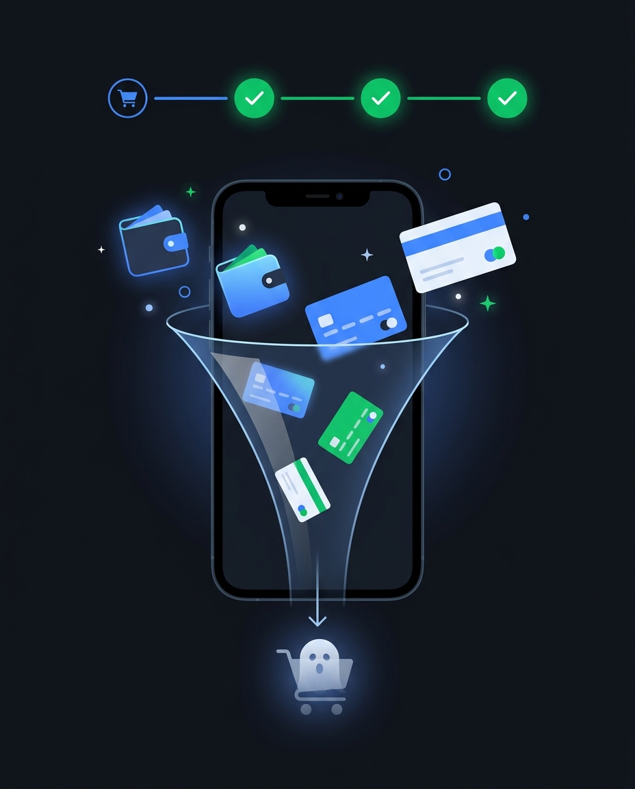 Un smartphone afișează portofele digitale și carduri de credit care sunt direcționate către o pictogramă reprezentând un coș de cumpărături, cu bife de progres deasupra, simbolizând procesul de plată online sau de finalizare a comenzii. Fundalul este întunecat, cu accente luminoase de albastru și verde.